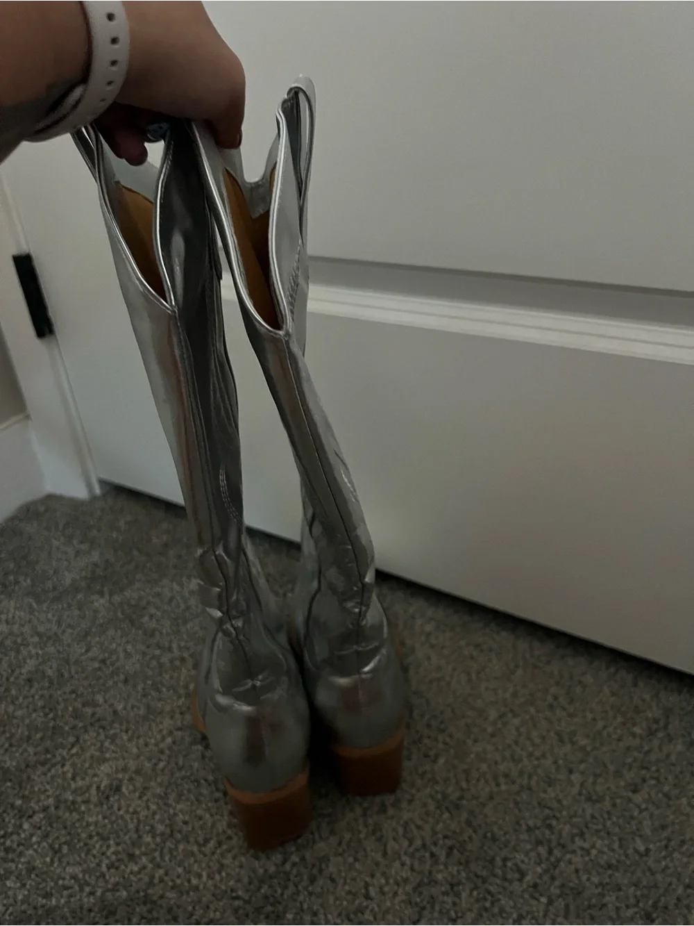 Women's Metallic Silver Knee-High Pointed Toe Boots
